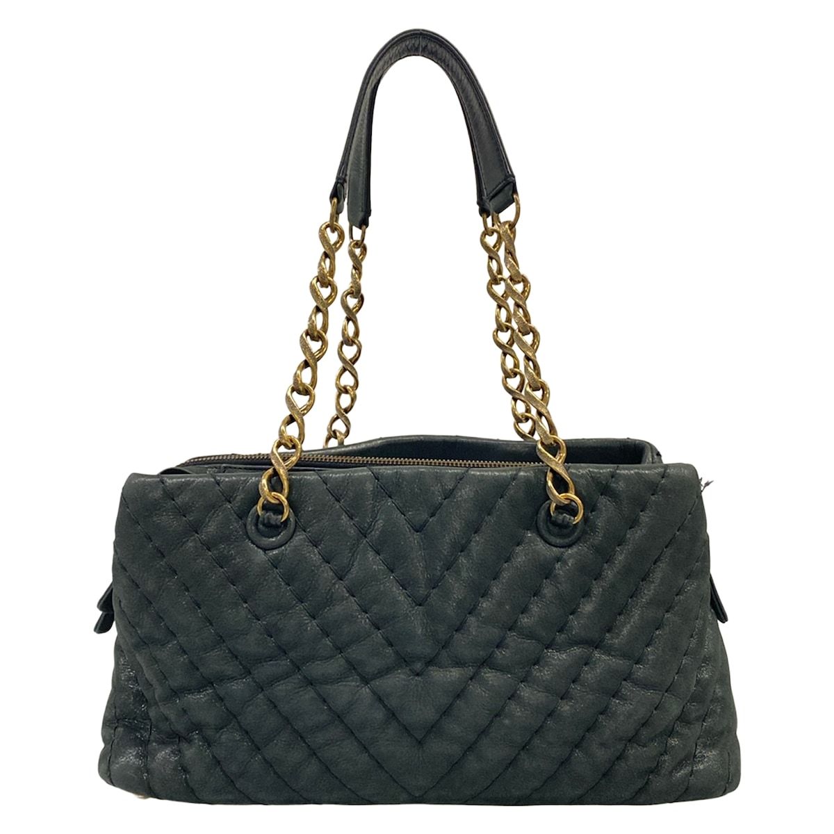 Chanel Tote Bag V-stitch Navy Chain Shoulder Vintage Gold Leather — view 3