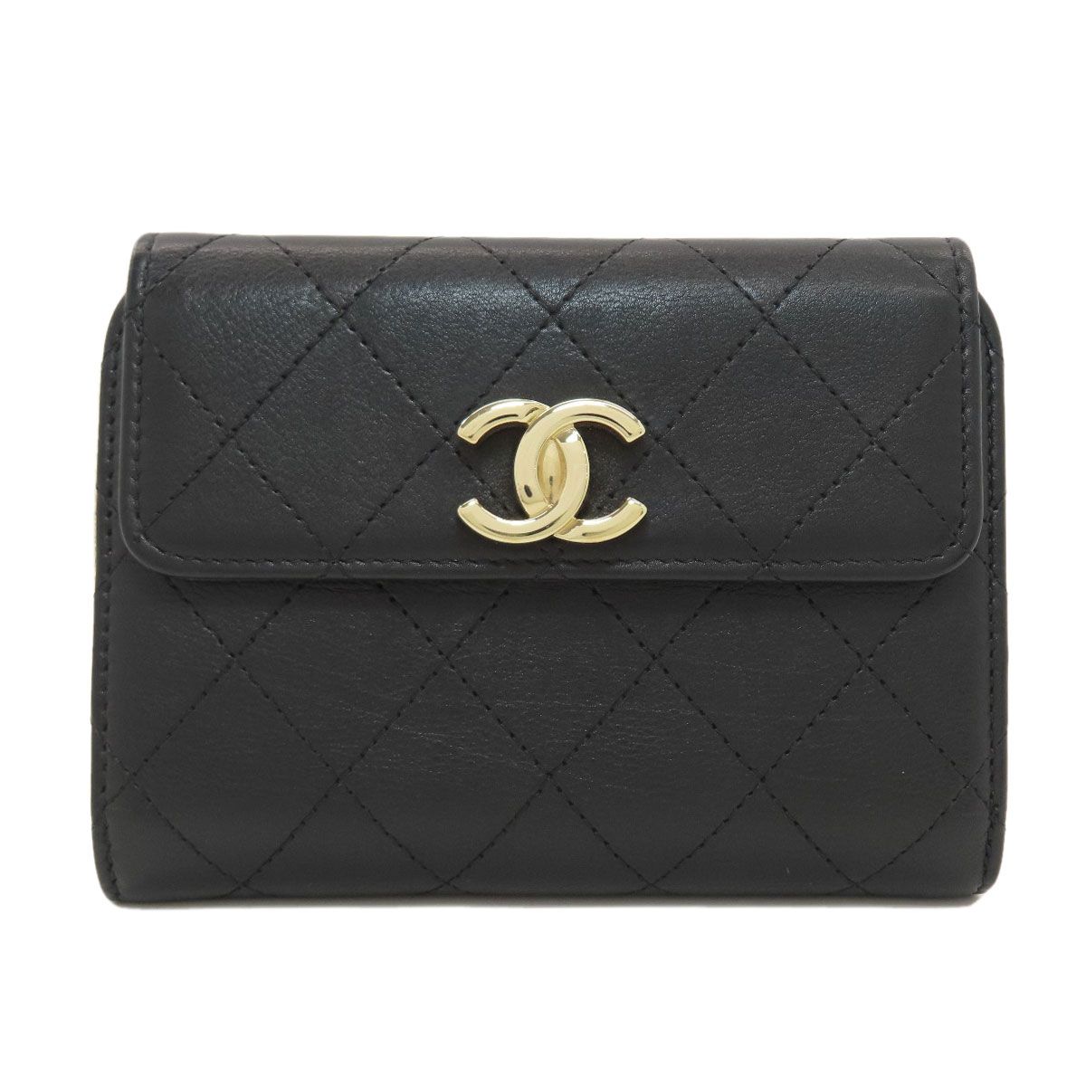 Chanel CC Logo Quilted Gold Bifold Wallet Calfskin