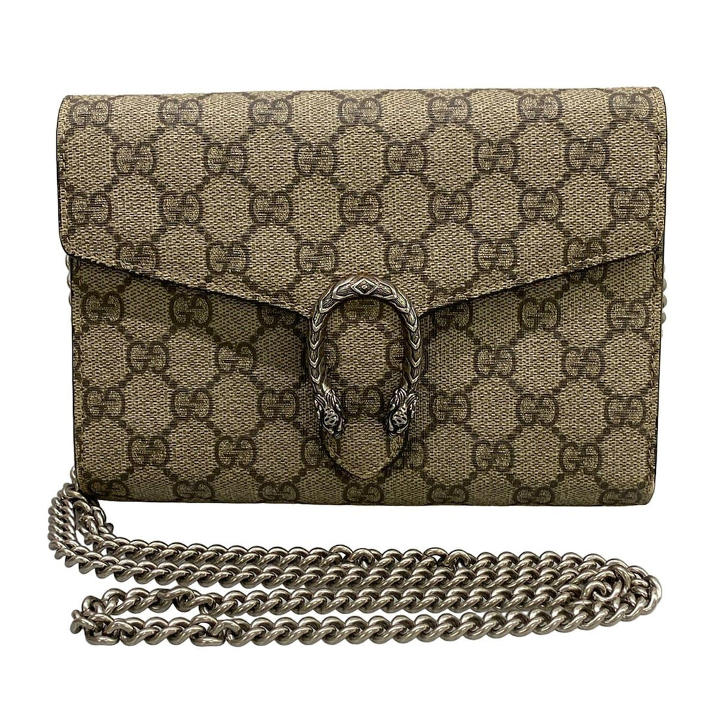 Gucci Wallet Dionysus GG Supreme Dark Brown Beige Chain Leather Shoulder Bag
