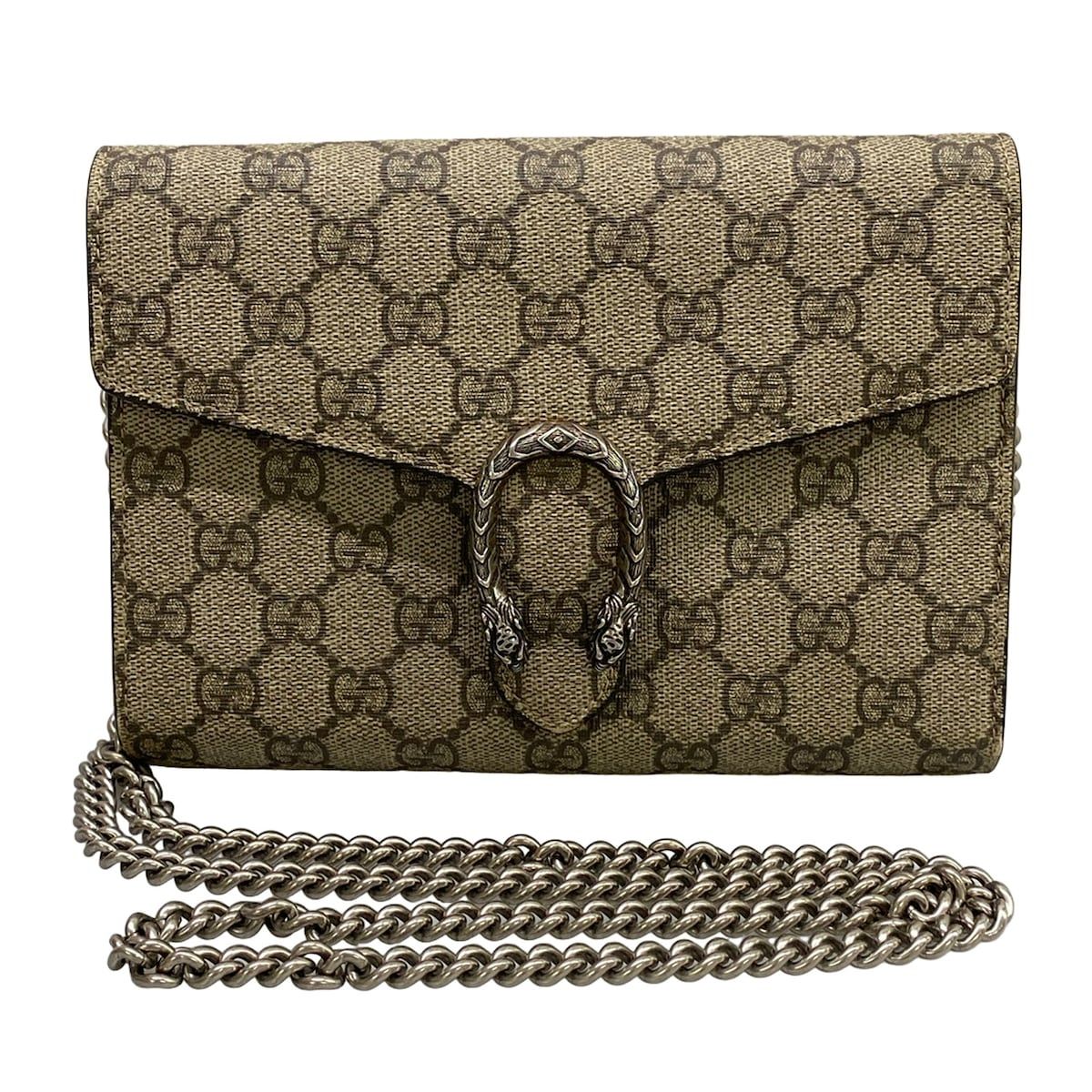 Gucci Wallet Dionysus GG Supreme Dark Brown Beige Chain Leather Shoulder Bag