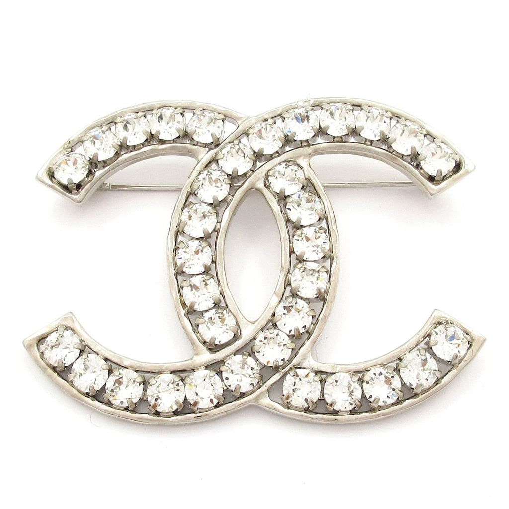 Chanel Brooch CC Logo Silver Clear