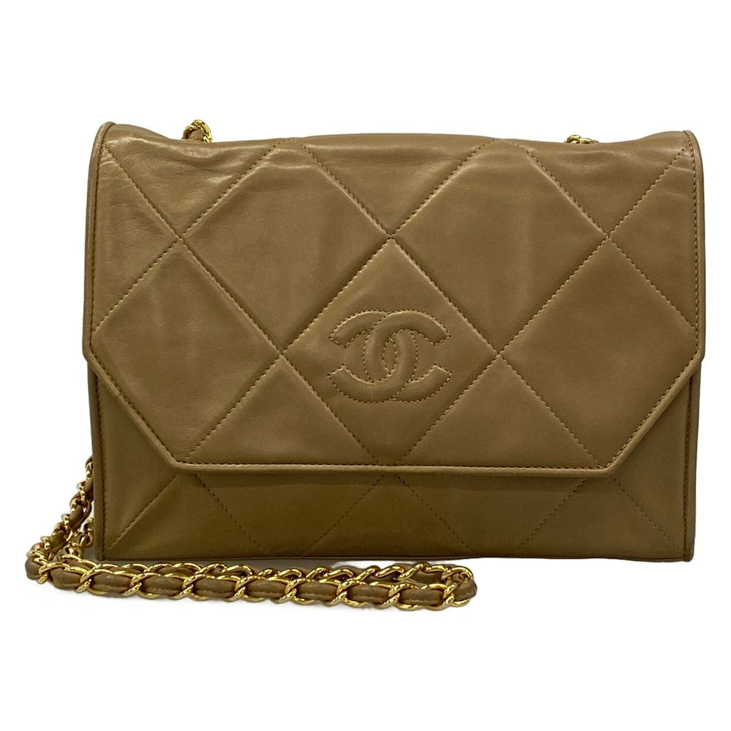 Chanel Shoulder Bag Quilted Beige Chain Gold CC Logo Lambskin