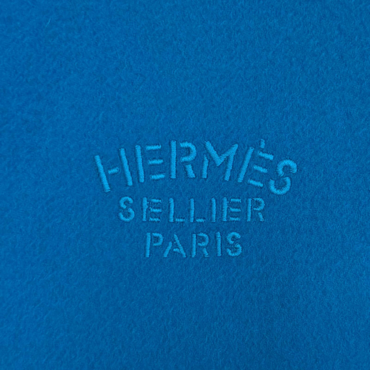 Hermes Cashmere 100% Logo Embroidery Fringe Large Scarf Shawl Blue — view 5