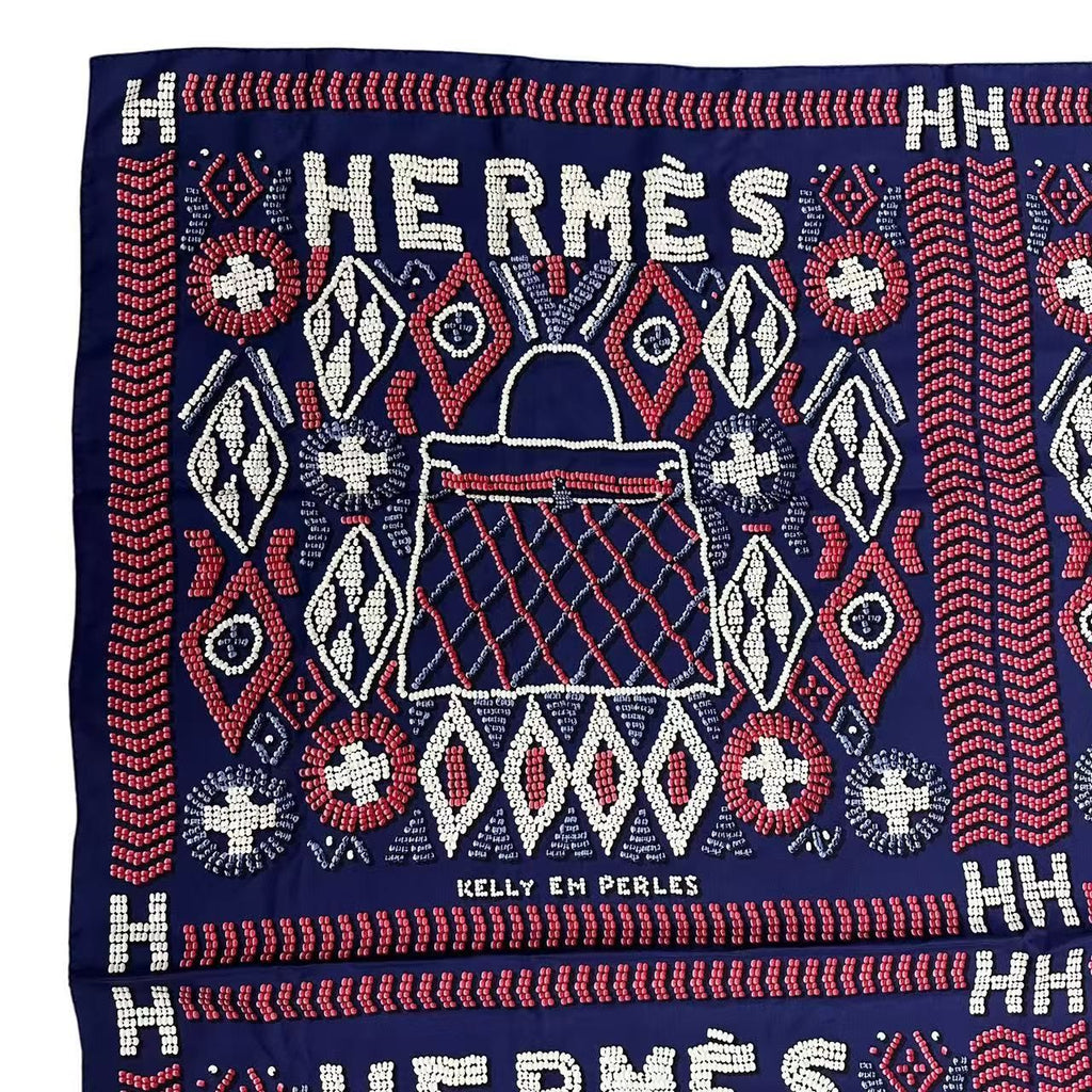 Hermes Scarf Silk Carre 140 Kelly en Perles Navy — view 2