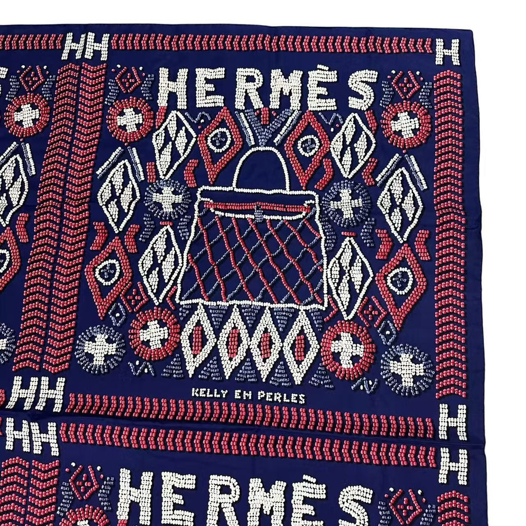Hermes Scarf Silk Carre 140 Kelly en Perles Navy — view 3