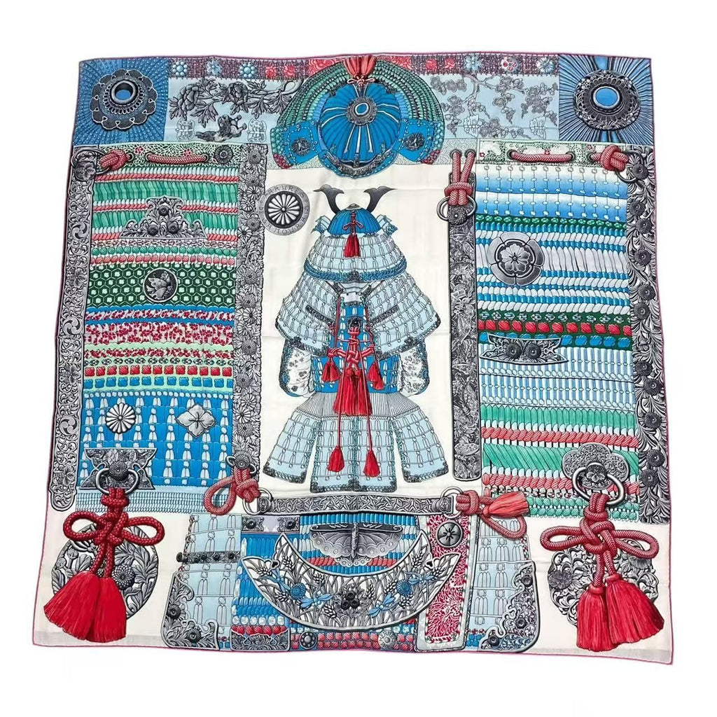 Hermes Carre 140 Scarf Cashmere Large Parures de Samourais Samurai Armor Blue — view 2