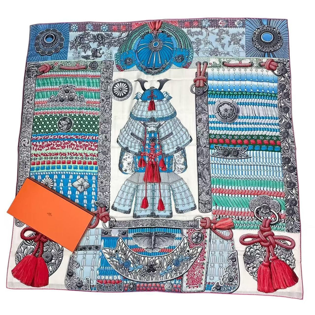 Hermes Carre 140 Scarf Cashmere Large Parures de Samourais Samurai Armor Blue
