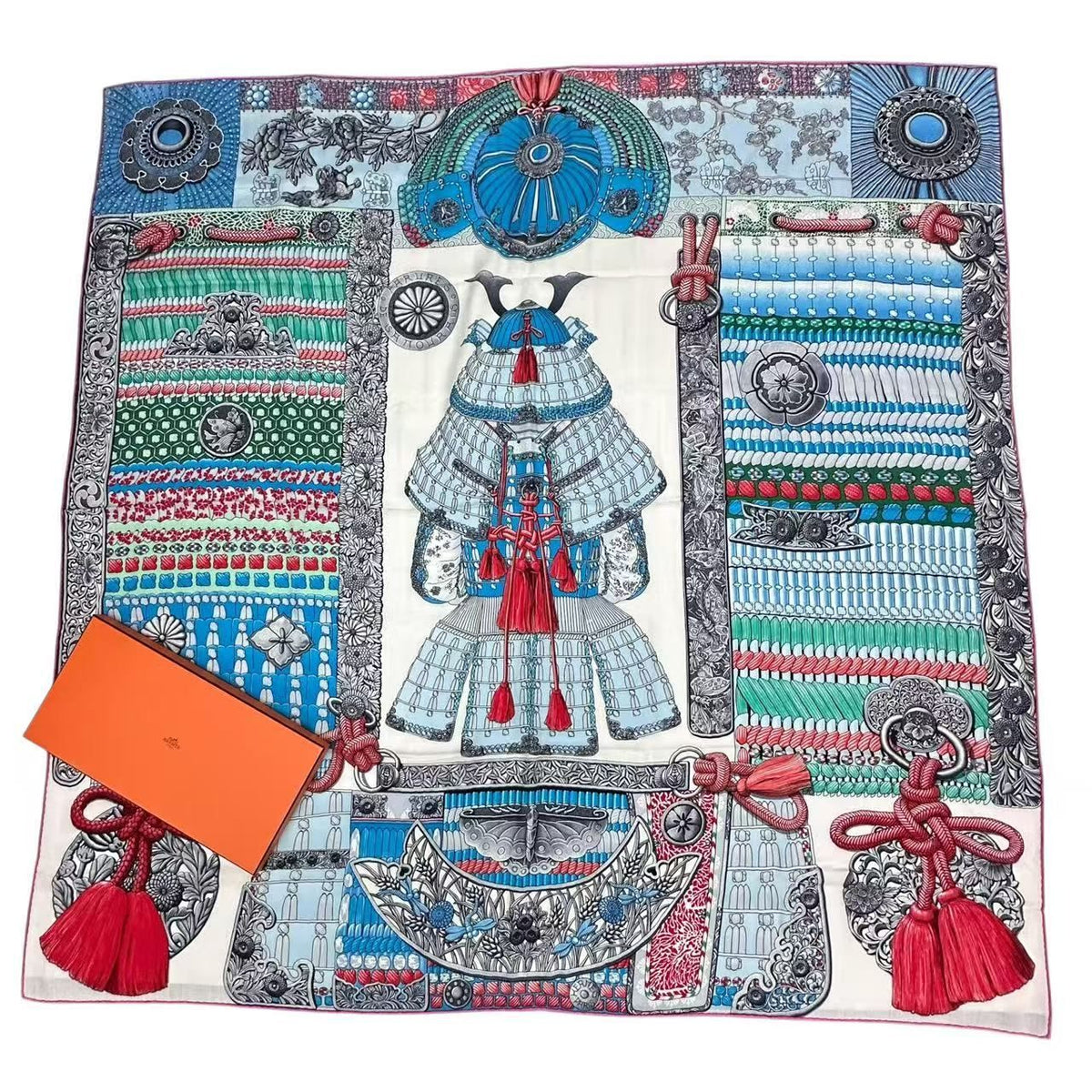 Hermes Carre 140 Scarf Cashmere Large Parures de Samourais Samurai Armor Blue