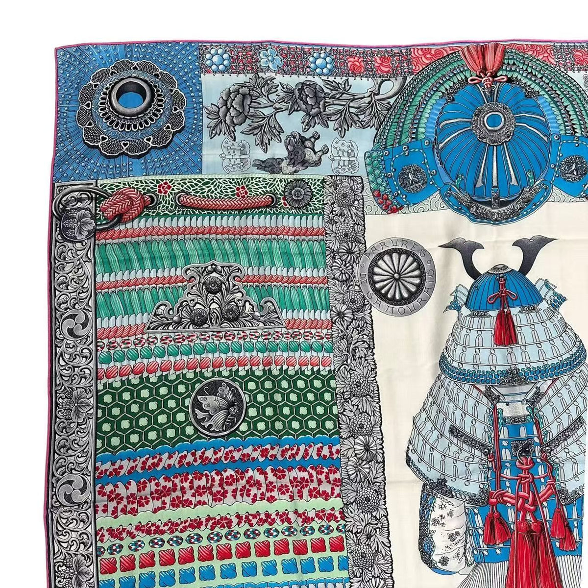 Hermes Carre 140 Scarf Cashmere Large Parures de Samourais Samurai Armor Blue — view 3