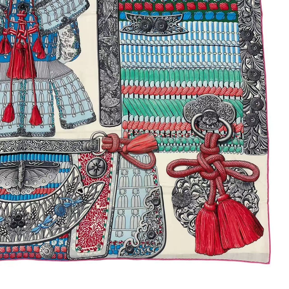 Hermes Carre 140 Scarf Cashmere Large Parures de Samourais Samurai Armor Blue — view 6