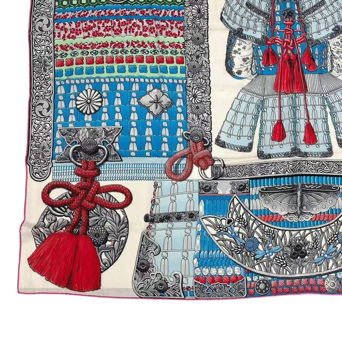 Hermes Carre 140 Scarf Cashmere Large Parures de Samourais Samurai Armor Blue — view 5