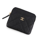 Chanel Coin Purse Quilted CC Logo Coral Red Caviar Leather Wallet Black