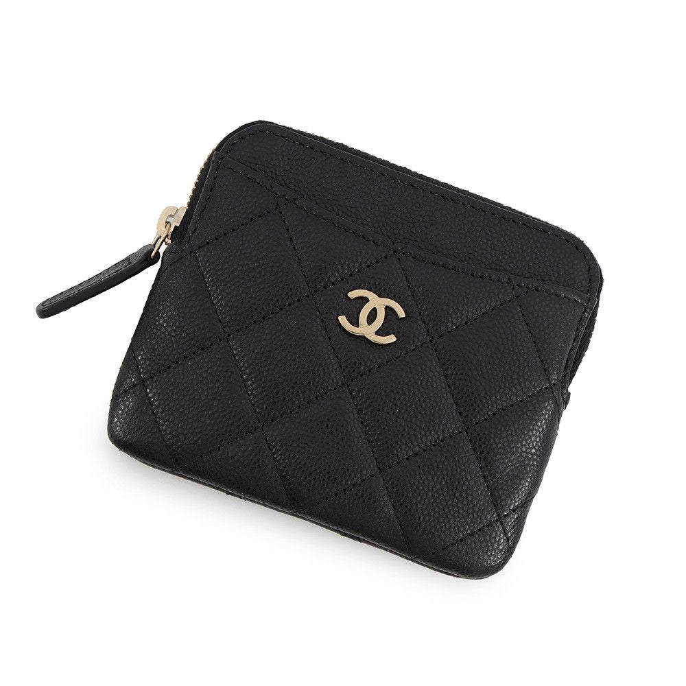 Chanel Coin Purse Quilted CC Logo Coral Red Caviar Leather Wallet Black