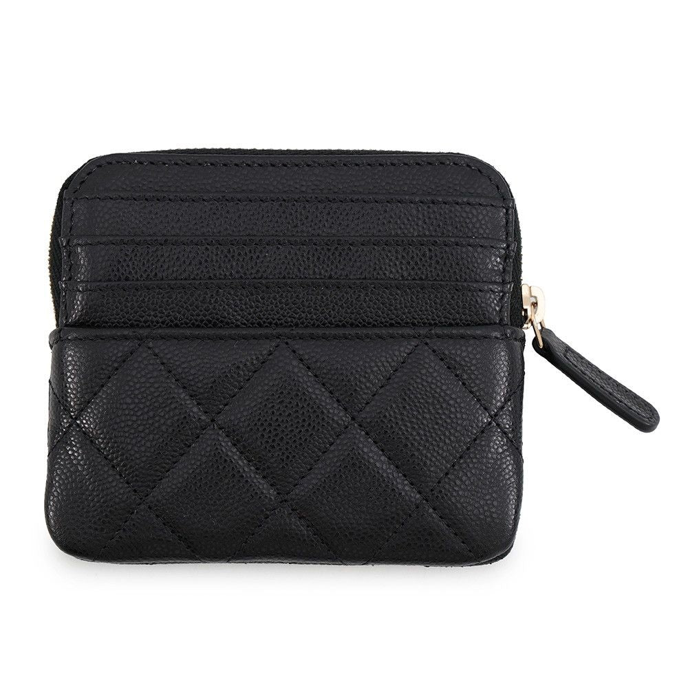 Chanel Coin Purse Quilted CC Logo Coral Red Caviar Leather Wallet Black — view 3