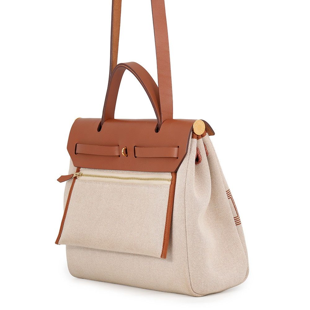 Hermes Herbag Zip PM Retourne Fauve Ecru Beige Gold Toile H Vache Hunter Handbag — view 2