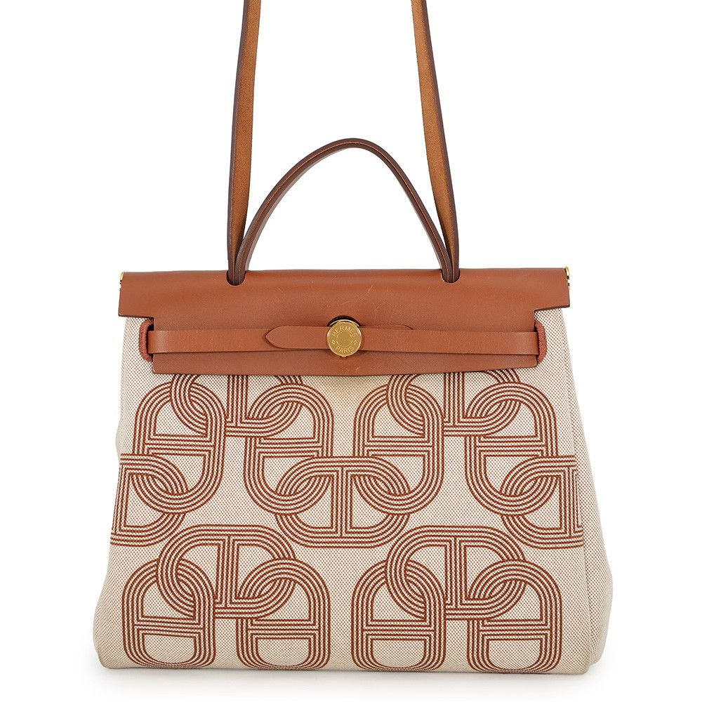 Hermes Herbag Zip PM Retourne Fauve Ecru Beige Gold Toile H Vache Hunter Handbag