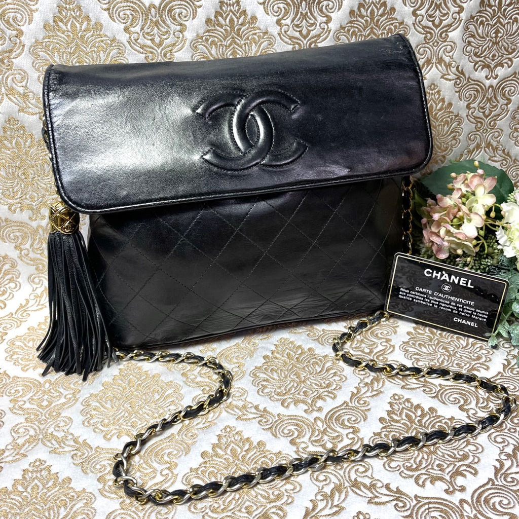 Chanel Vintage Quilted CC Logo Fringe Black