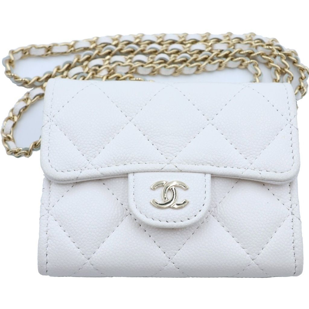 Chanel Quilted Mini Chain Wallet White Caviar Leather Gold Shoulder Bag