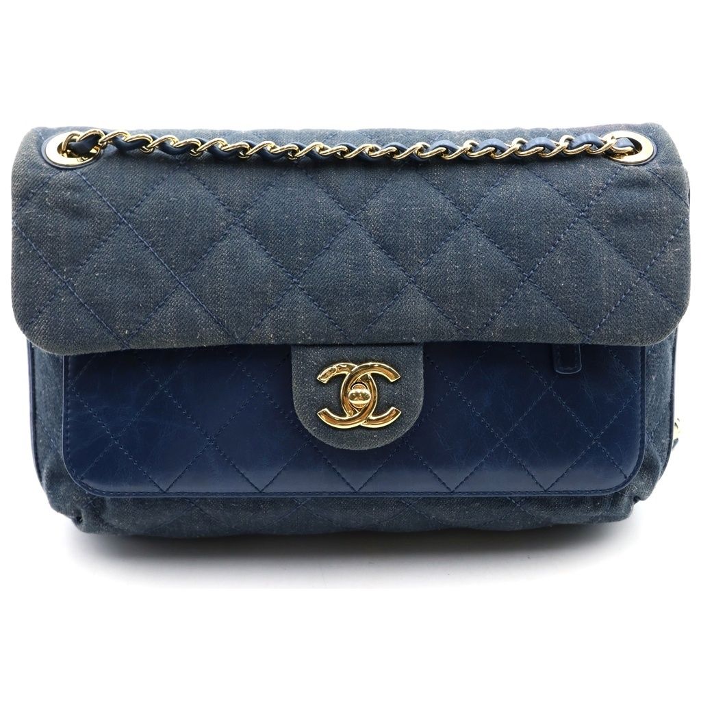 Chanel Quilted Denim Chain Shoulder Bag Indigo Blue Leather Gold
