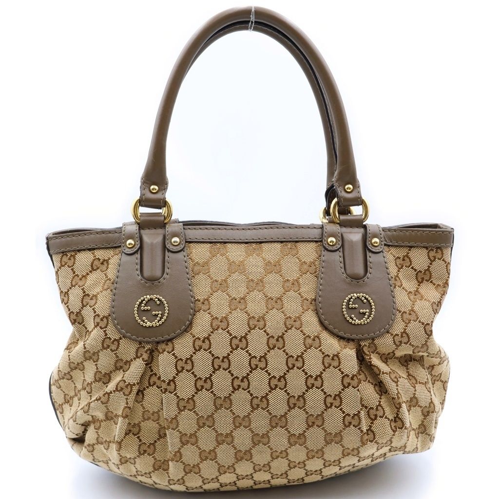 Gucci GG Canvas Scarlet Tote Bag Brown Beige Leather Gold