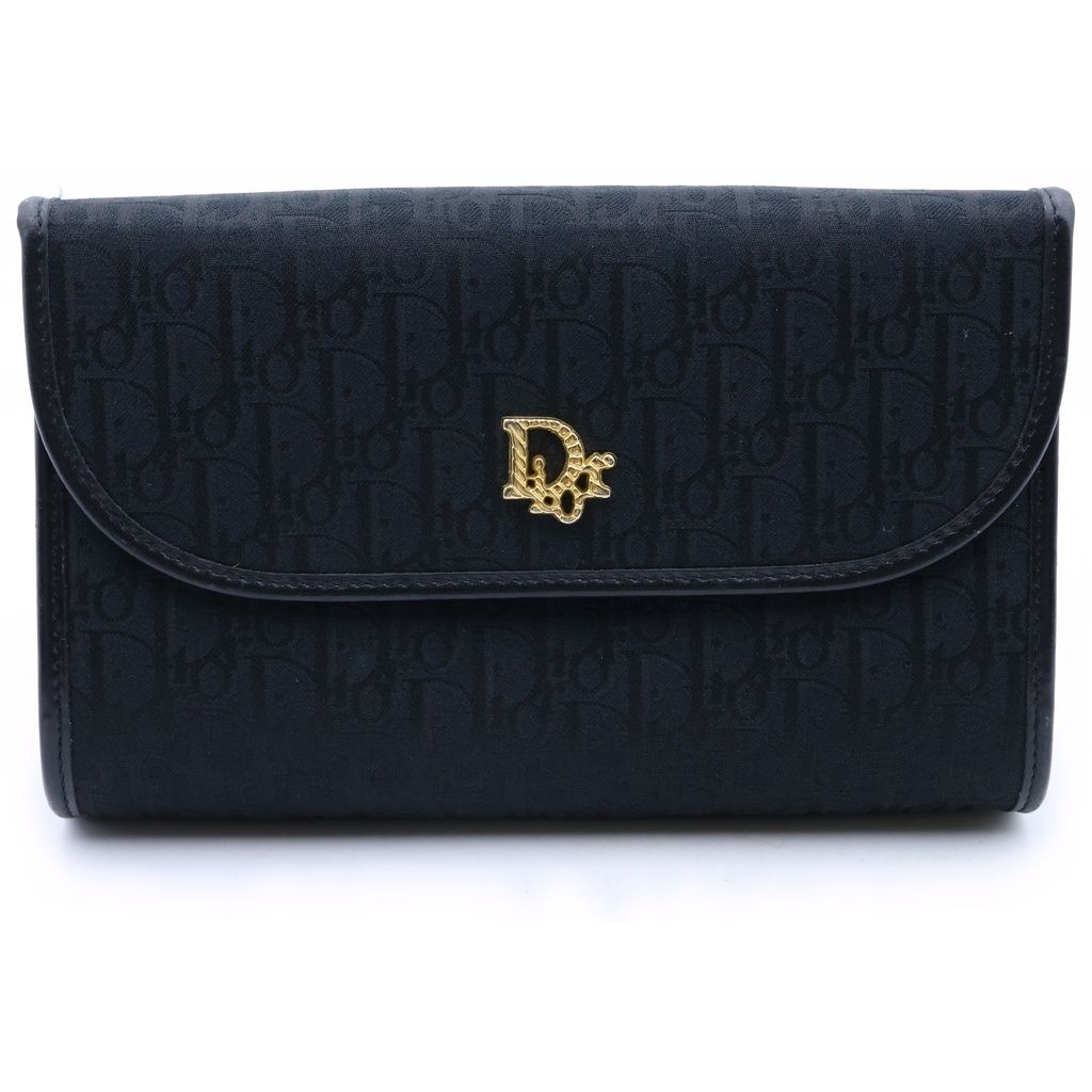 Dior Vintage Trotter Chain Shoulder Bag Black Canvas Leather Gold