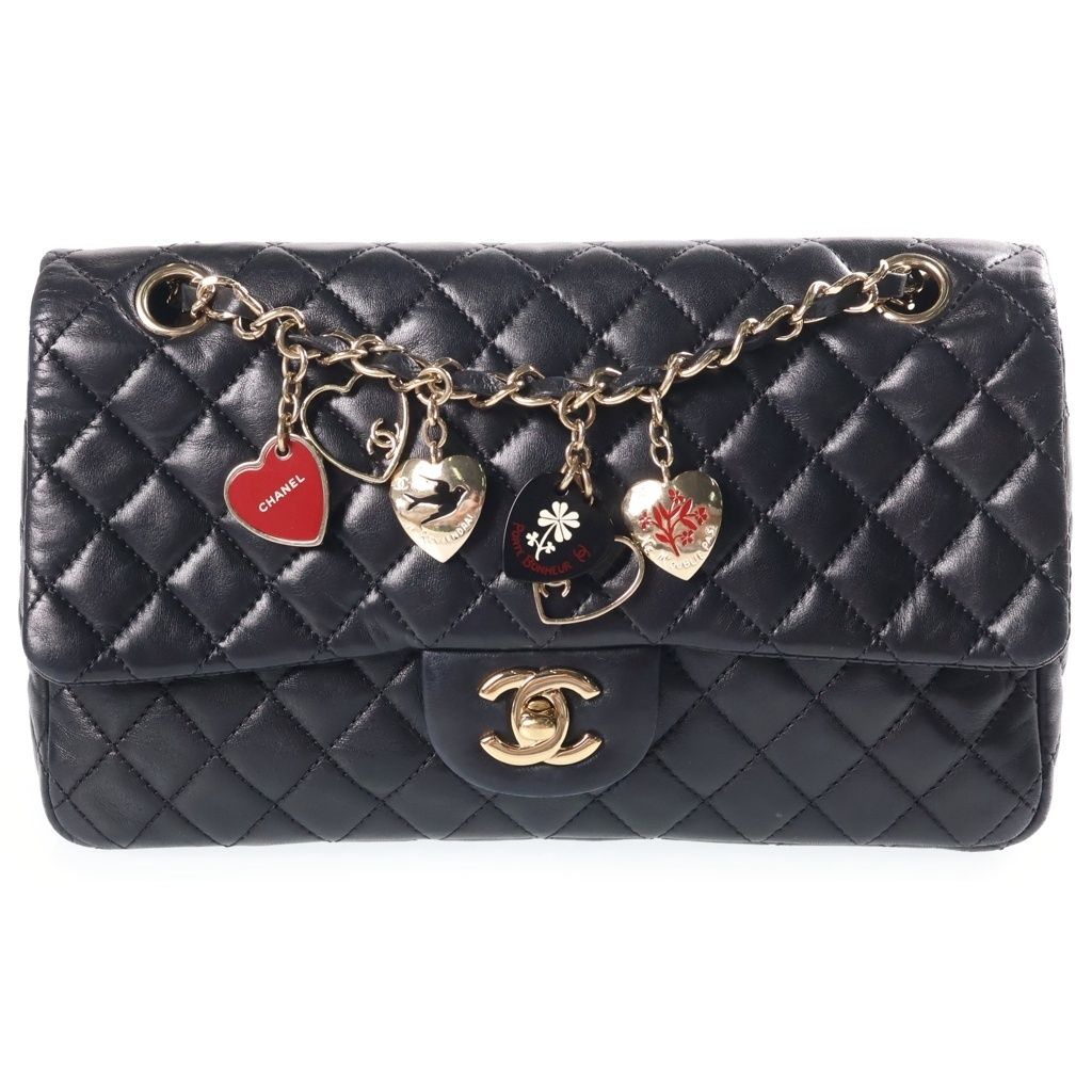 Chanel Quilted 25 Valentine Heart Charm Chain Shoulder Bag Black Lambskin Gold