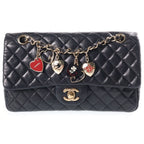 Chanel Quilted 25 Valentine Heart Charm Chain Shoulder Bag Black Lambskin Gold