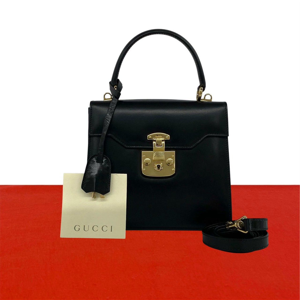 Gucci Vintage Ladylock Logo Leather 2-Way Shoulder Bag Black