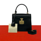 Gucci Vintage Ladylock Logo Leather 2-Way Shoulder Bag Black