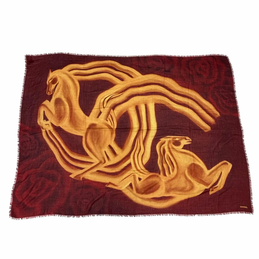 Chanel Cashmere 100% 136 184 Logo Horse Pattern Large Shawl Scarf Bordeaux
