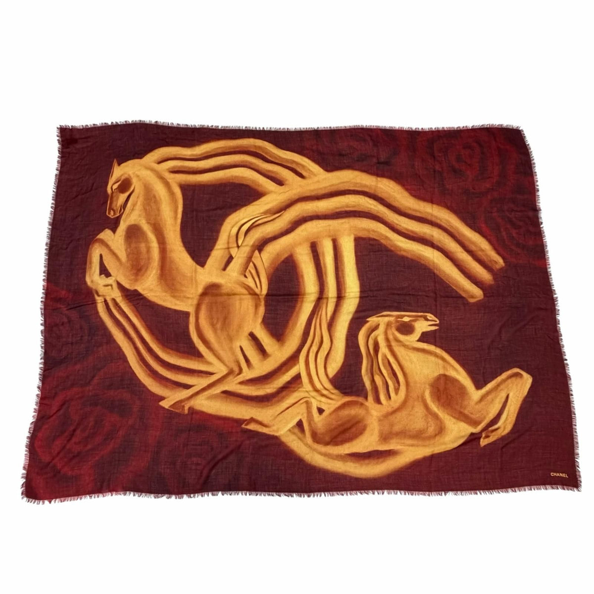 Chanel Cashmere 100% 136 184 Logo Horse Pattern Large Shawl Scarf Bordeaux