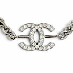 Chanel CC Logo Rhinestone Chain Necklace Silver