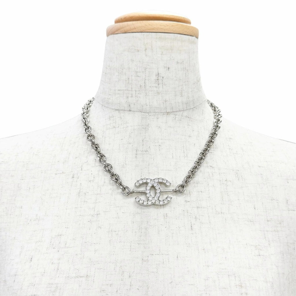 Chanel CC Logo Rhinestone Chain Necklace Silver — view 2