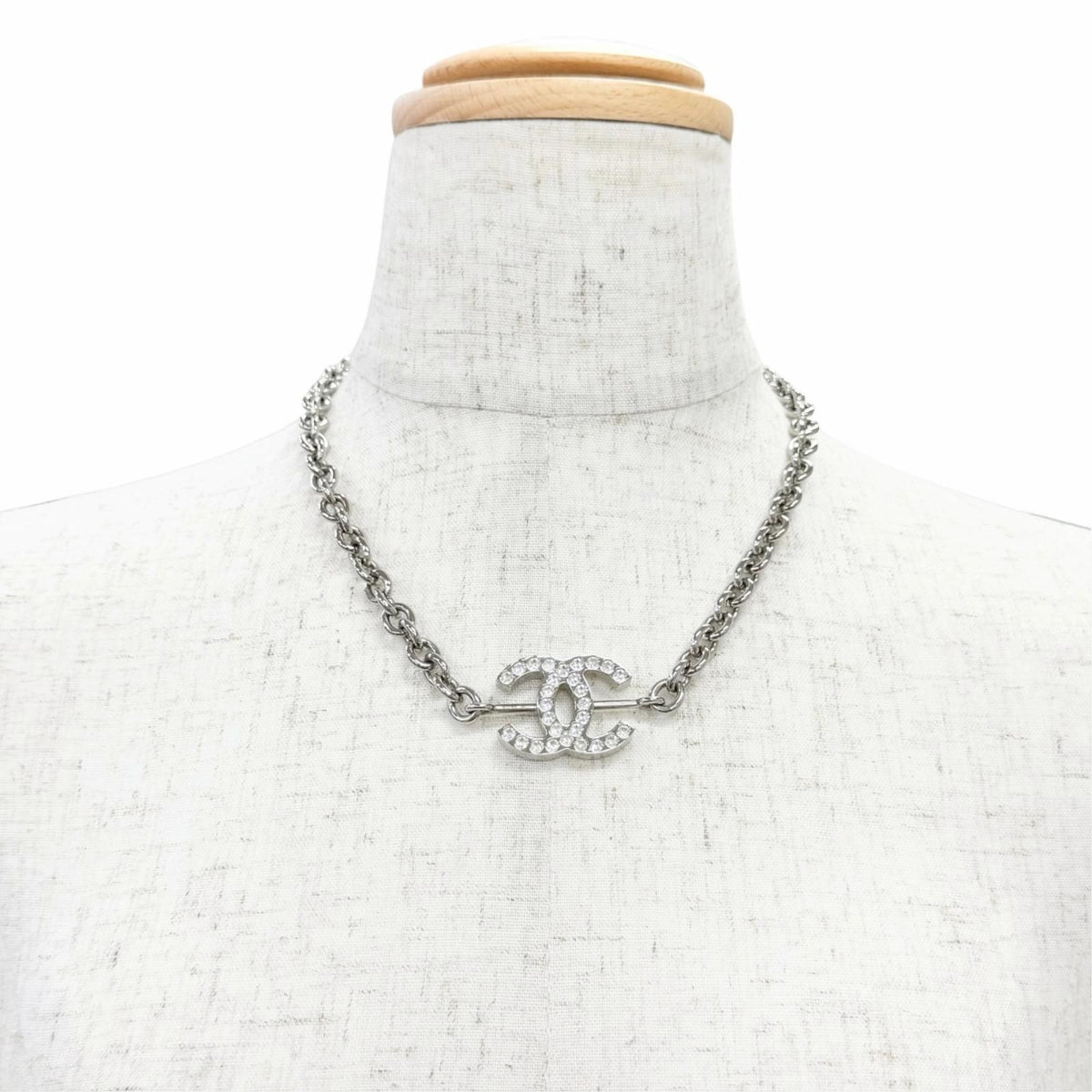 Chanel CC Logo Rhinestone Chain Necklace Silver — view 2
