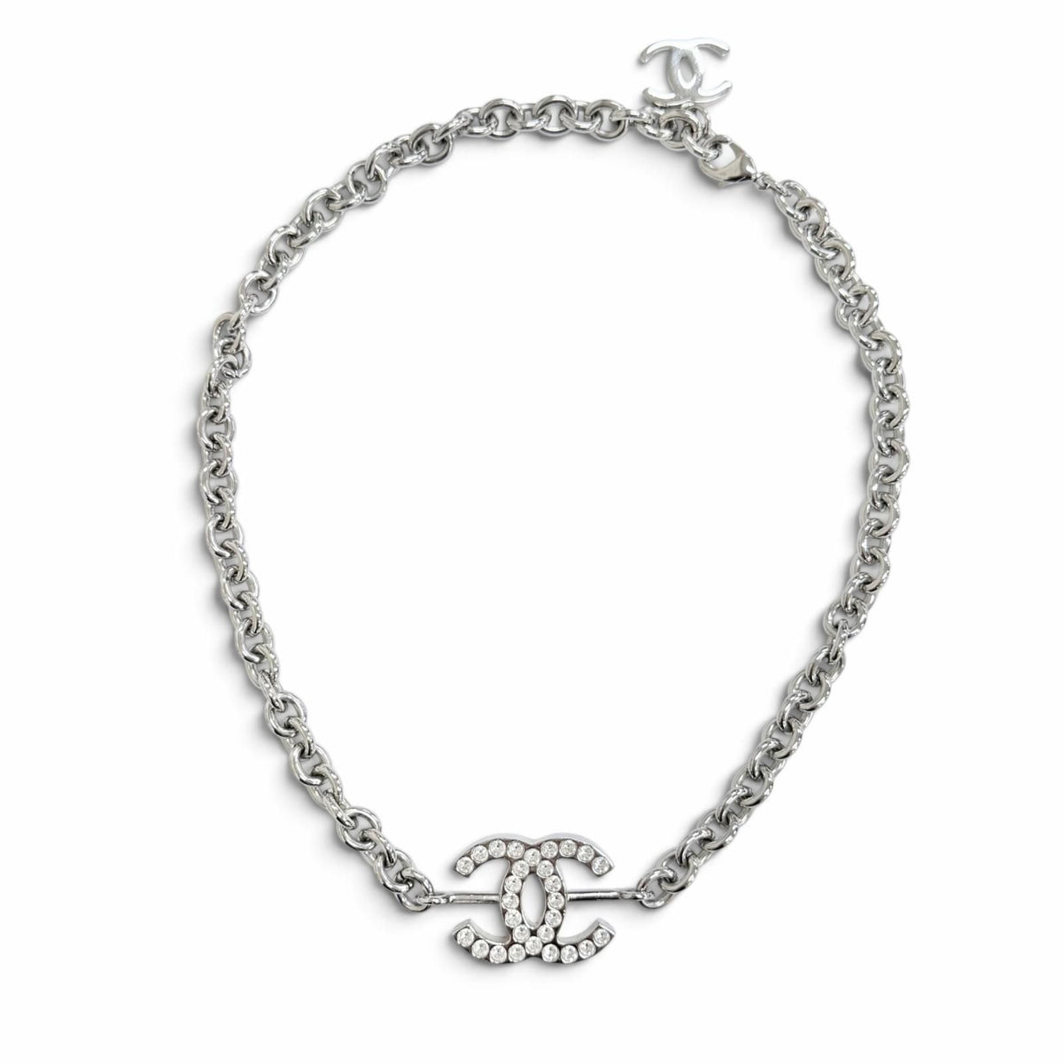 Chanel CC Logo Rhinestone Chain Necklace Silver — view 3