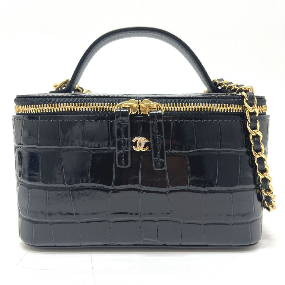 Chanel Shoulder Bag CC Logo Croco Embossed Vanity Leather Black