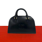 Celine Triomphe Logo Embossed Leather Mini Boston Bag Tote Black