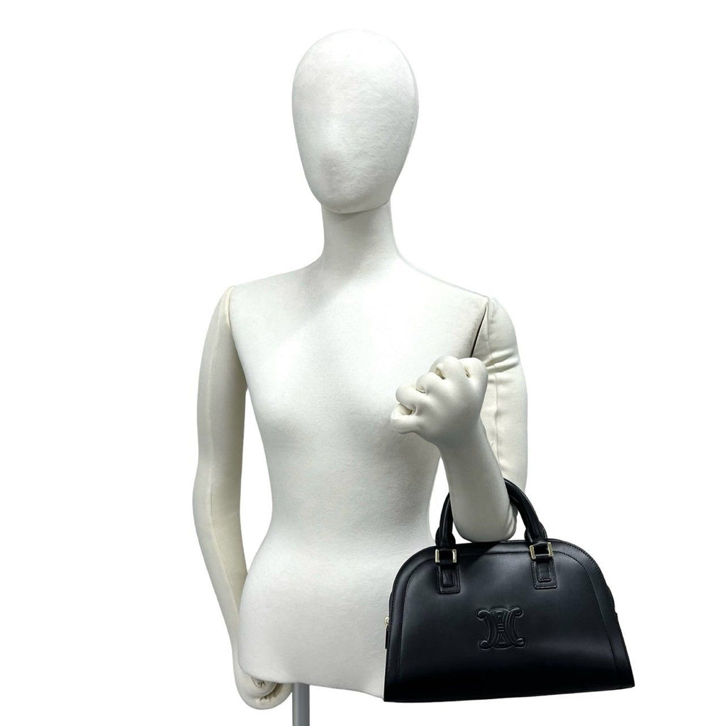 Celine Triomphe Logo Embossed Leather Mini Boston Bag Tote Black — view 2