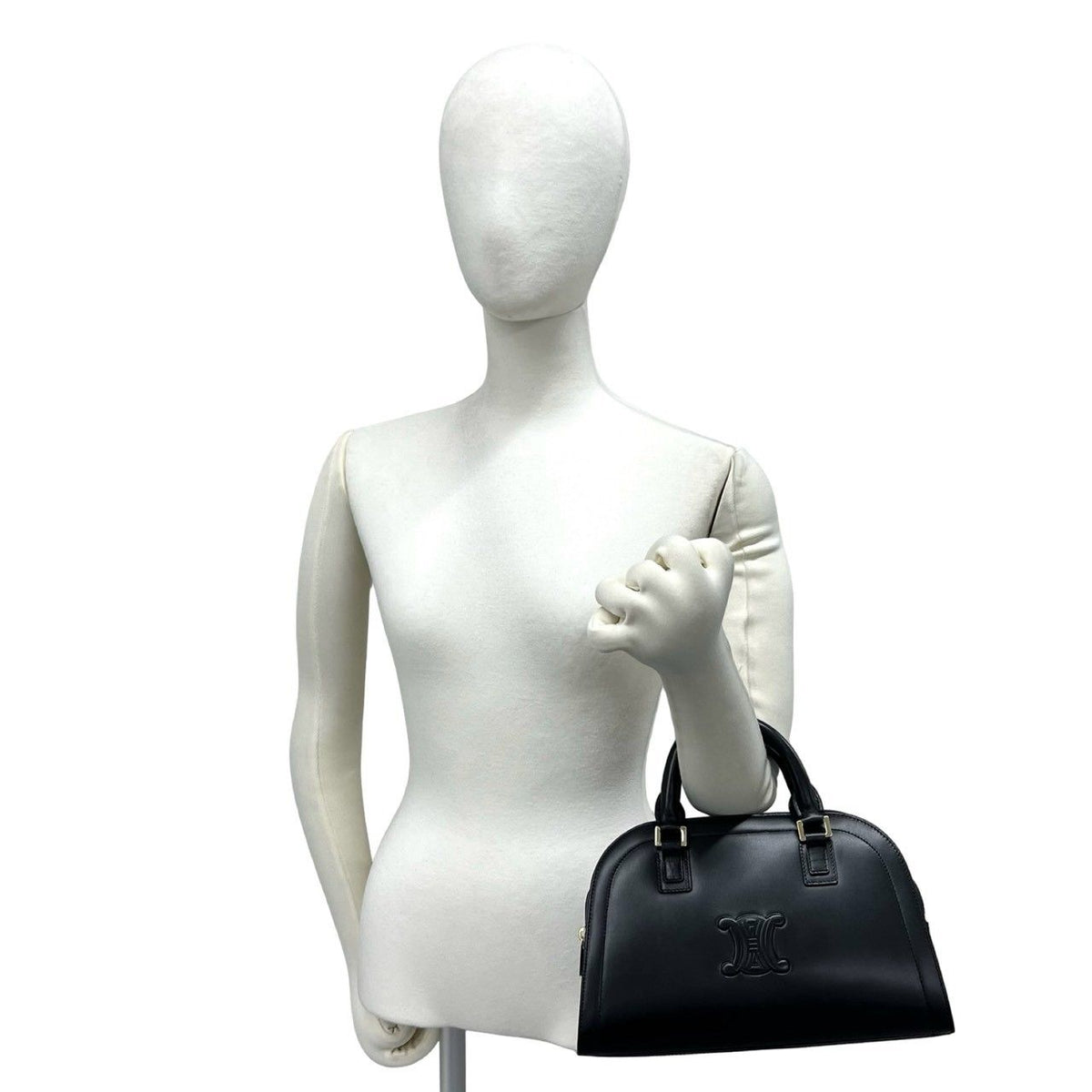 Celine Triomphe Logo Embossed Leather Mini Boston Bag Tote Black — view 2