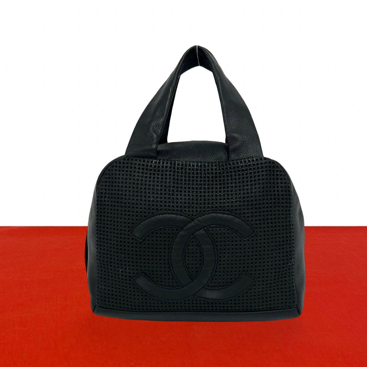 Chanel CC Logo Leather Mini Boston Bag Tote Black