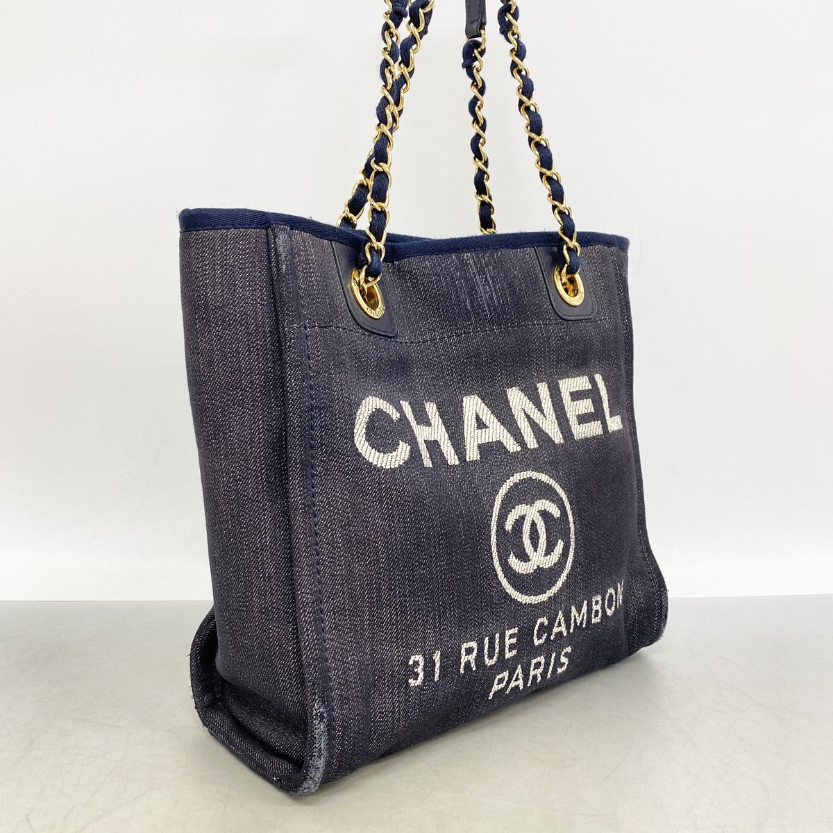 Chanel Chain Tote Bag Deauville Denim Navy Gold — view 2