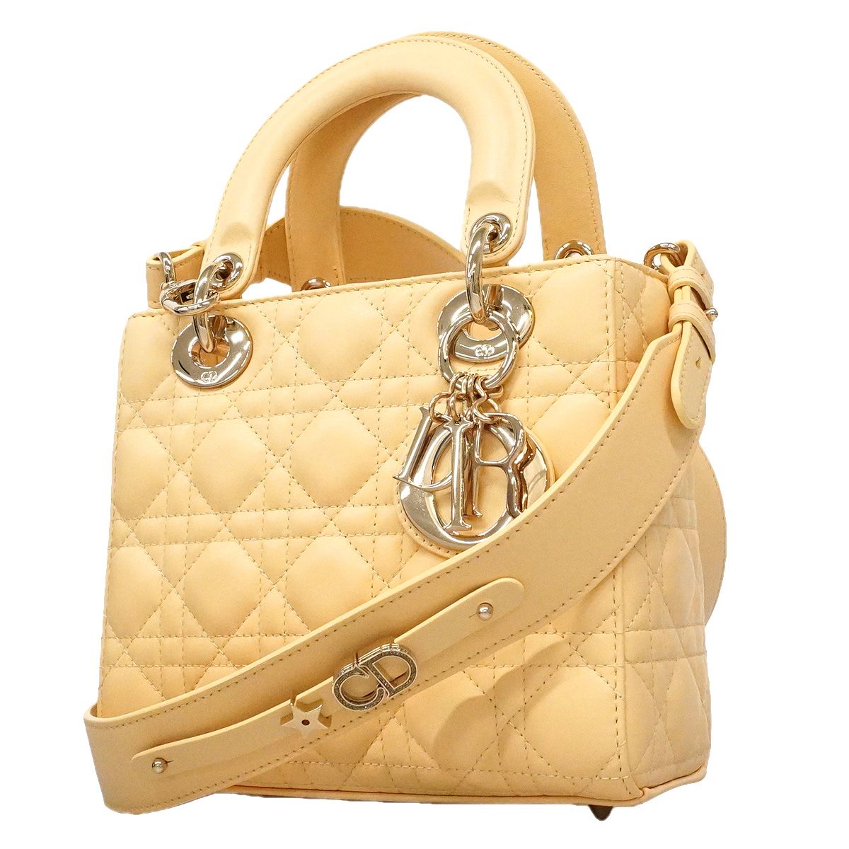 Dior Handbag Cannage Lady Leather Yellow Champagne Gold 2-Way Bag