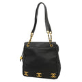 Chanel Chain Tote Bag Triple Coco Caviar Leather Black Gold