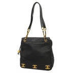 Chanel Chain Tote Bag Triple Coco Caviar Leather Black Gold