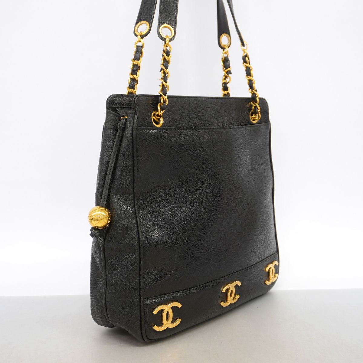 Chanel Chain Tote Bag Triple Coco Caviar Leather Black Gold — view 2