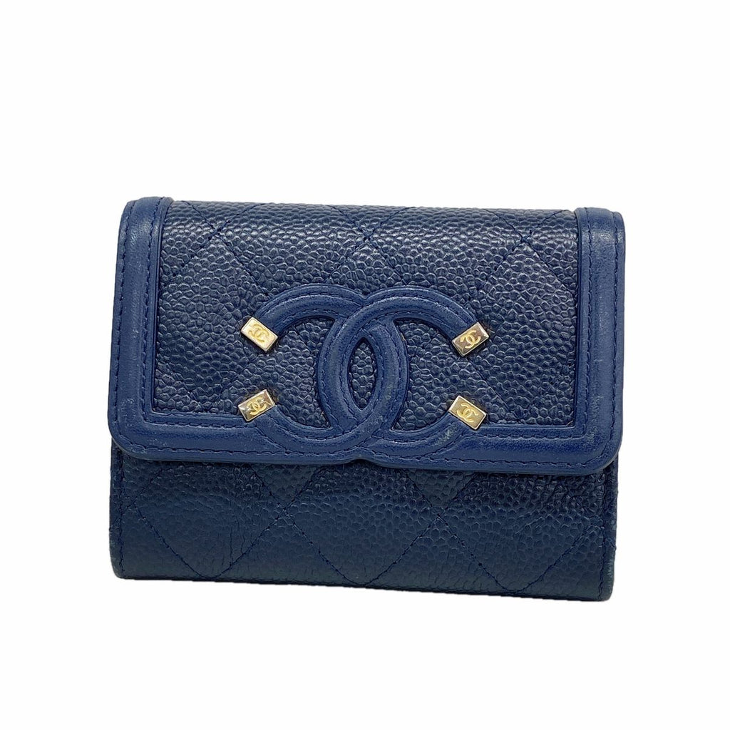 Chanel Card Case Filigree Caviar Leather Navy Gold
