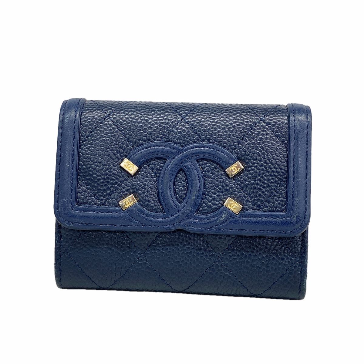 Chanel Card Case Filigree Caviar Leather Navy Gold