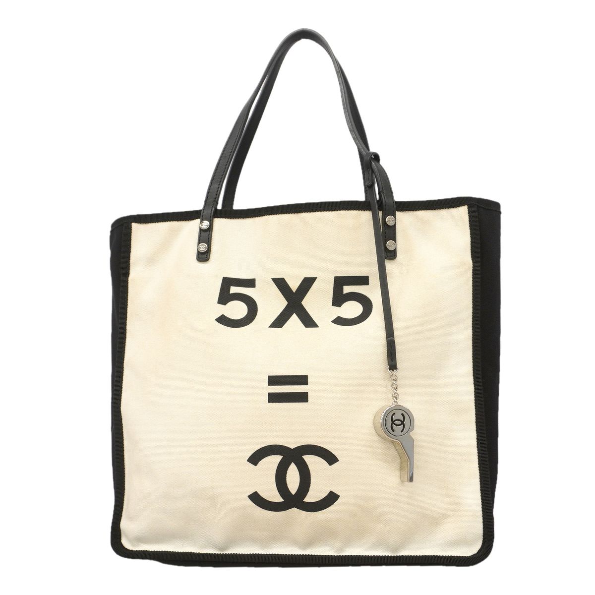 Chanel Tote Bag Let's Lemon Straight Canvas White Black Silver