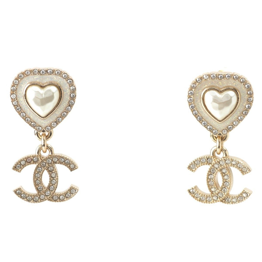 Chanel CC Logo Rhinestone Heart Earrings White