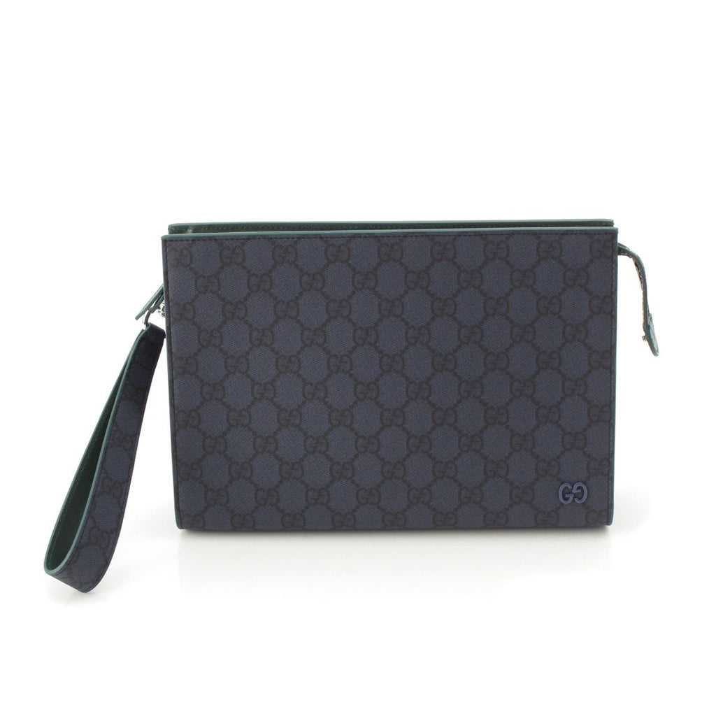 Gucci GG Supreme Medium Bicolor Silver Clutch Pouch Blue Navy Green